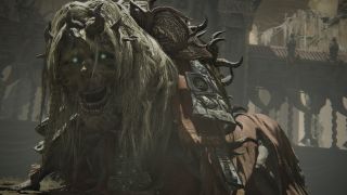 Elden Ring's early boss, the Divine Beast Dancing Lion, in his ancient and strange boss room