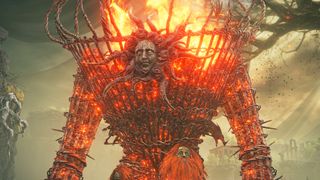 Elden Ring Shadow of the Erdtree furnace golem on fire with a dark background