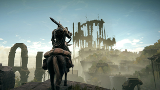 A knight rides the saddle of their trusty steed Torrent in Elden Ring: Shadow of the Erdtree, looking over miraculous ruins.